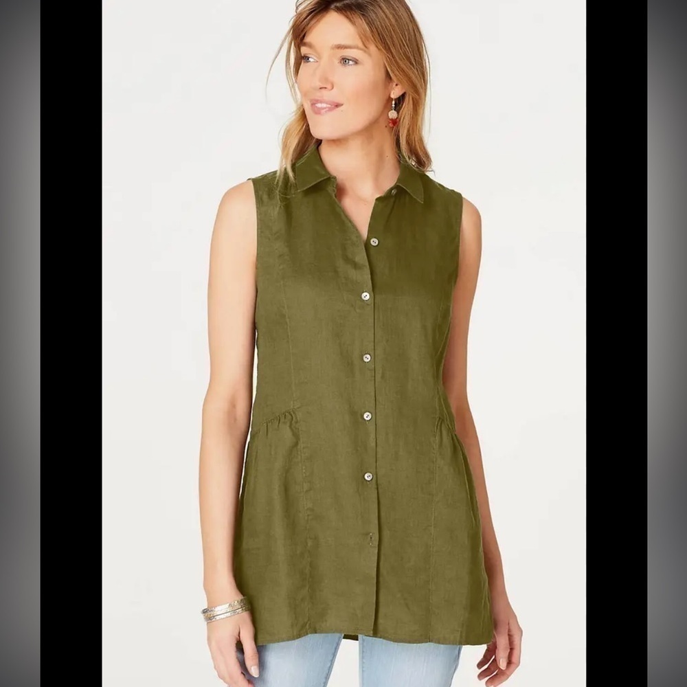 J Jill Olive Green Peplum Back Top 100% Linen Size M Petite